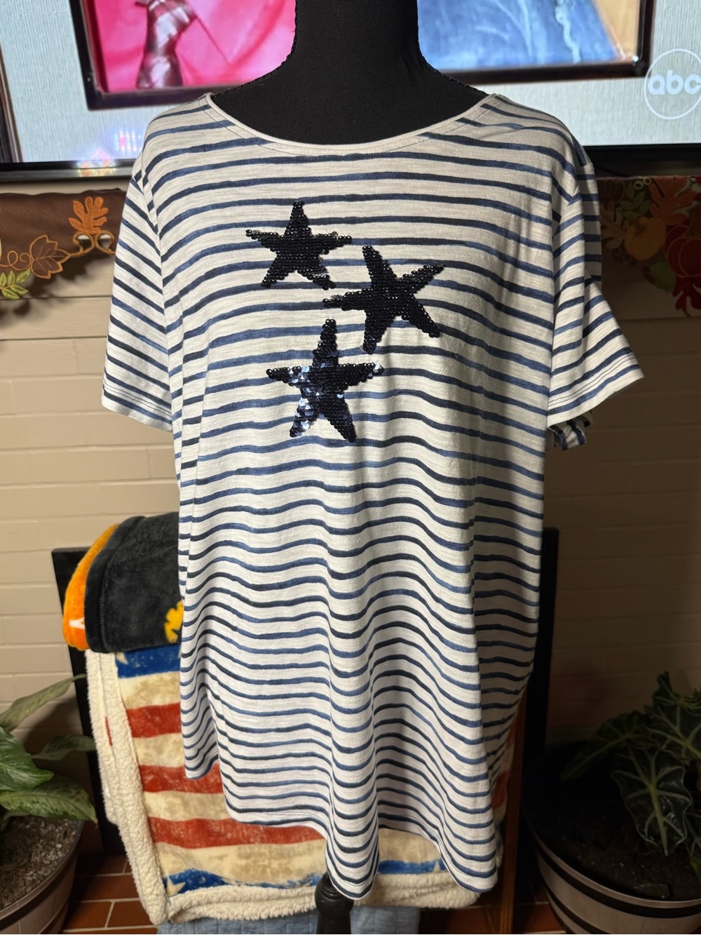 Allison Daley White & Navy Striped Tee with Sequin Stars